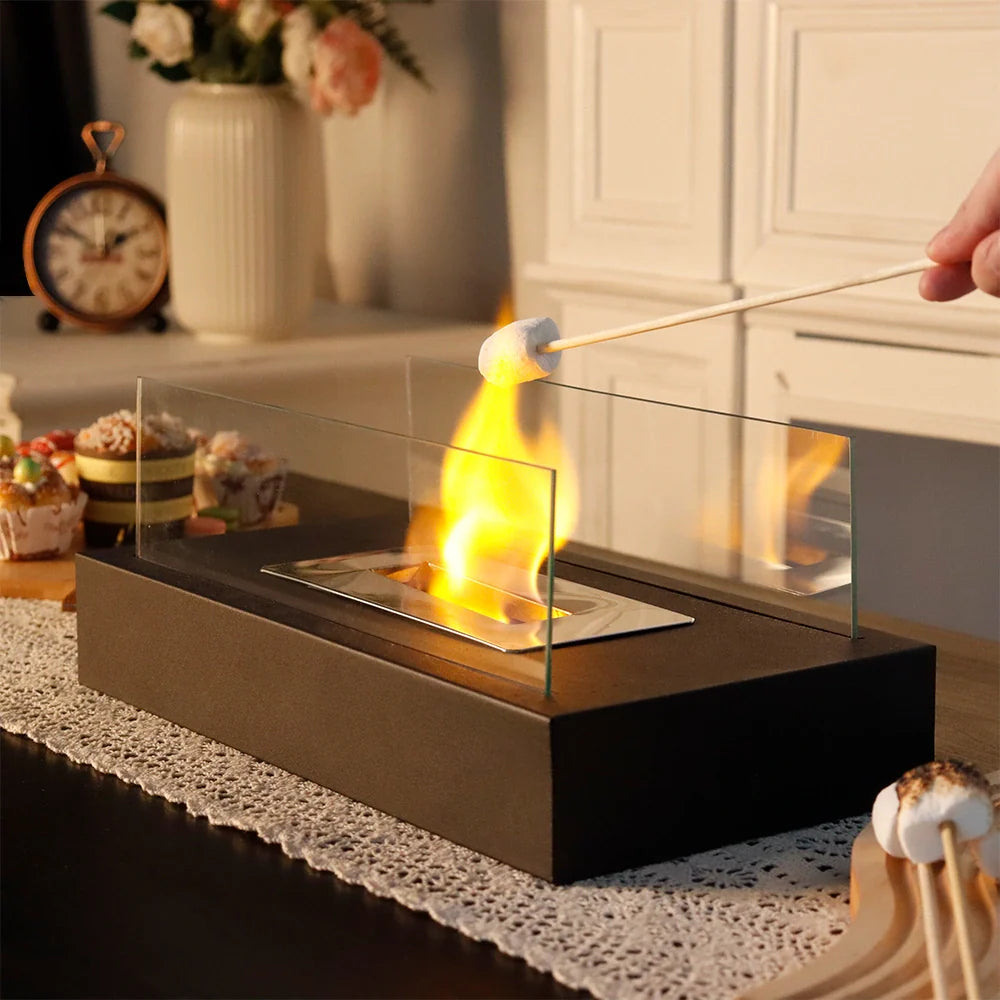 Square Tabletop Fire Bowl Pot with Two-Sided Glass